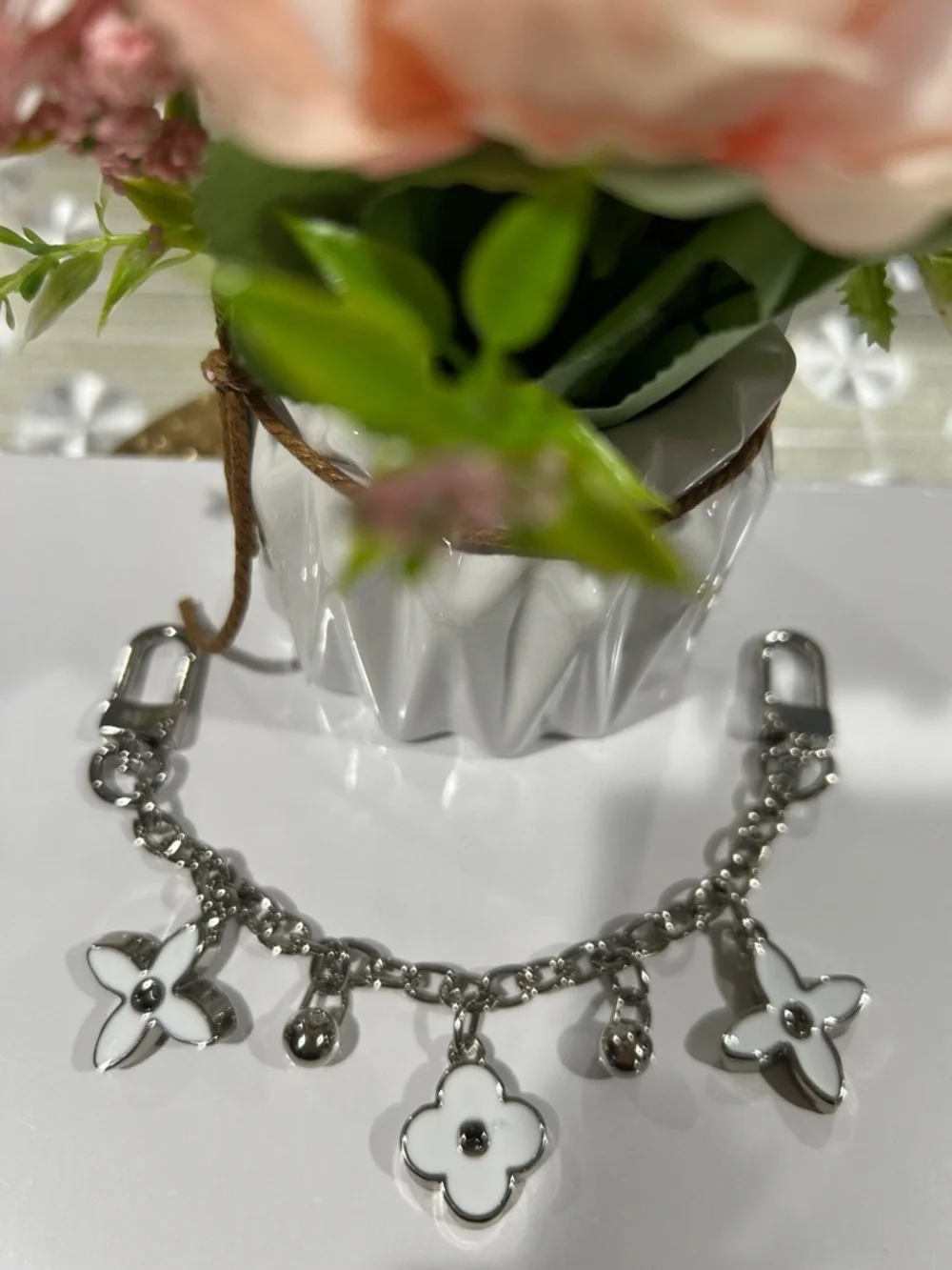 395. Silver & White Chunky Floral Bag Charm. Double sided. 8” end to end.